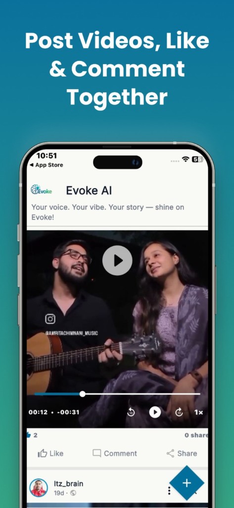 Evoke AI app — share videos, like and comment together